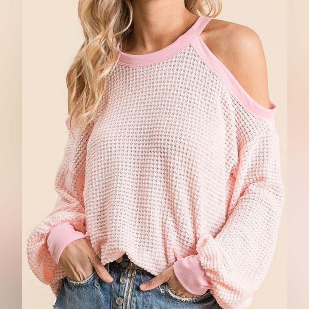 BiBi  Waffle Weave Top Cold Shoulder Pink Off-Shoulder Knit Sweater Pink